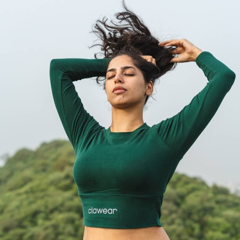 Green Clawear Women's Kabini Crop Top with full sleeves, casual T-shirt style, soft fabric and comfortable fit.