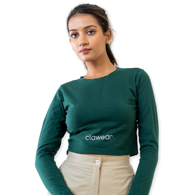 Green Clawear Women's Kabini Crop Top with full sleeves, stylish T-shirt with a comfortable fit and casual design.