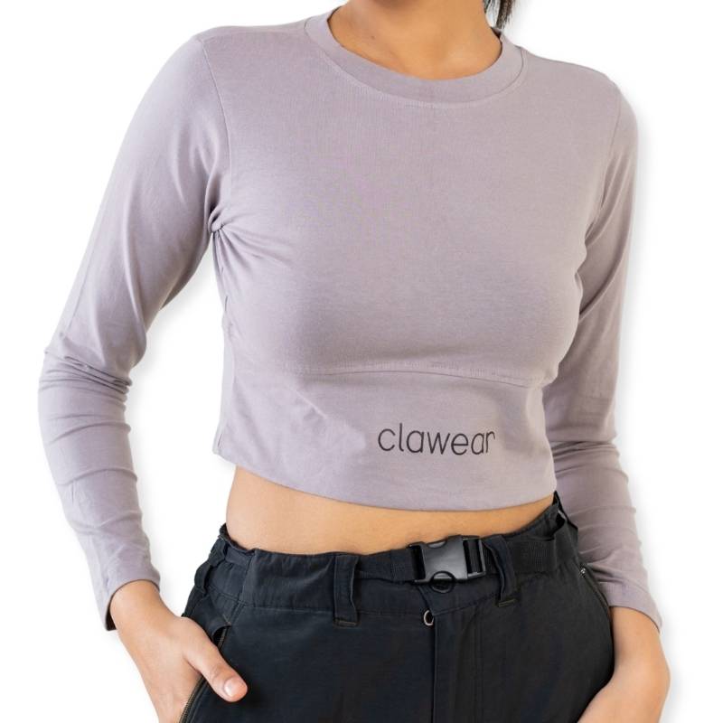 Clawear Women's Kabini crop top T-shirt with full sleeves in grey, featuring a casual, comfortable design.