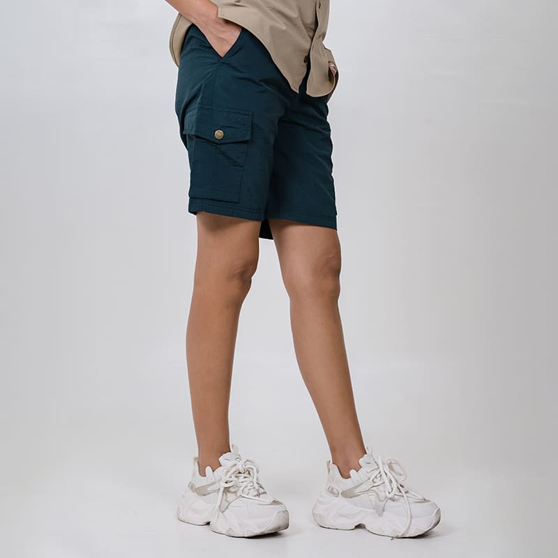 Clawear Women's Mara Cargo Shorts in green, featuring multiple pockets and a relaxed fit, designed for outdoor and casual wear.