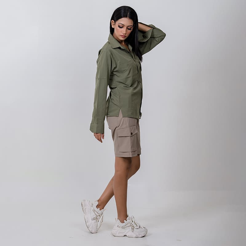 Clawear Women's Mara Cargo Shorts in khaki, featuring multiple pockets and a relaxed fit, designed for casual wear.