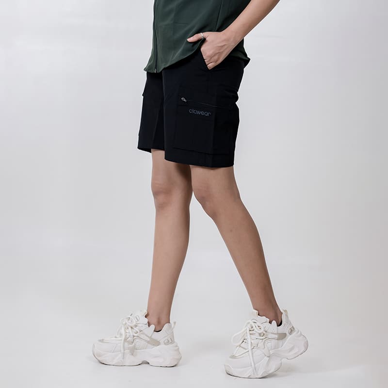 Black Clawear Women's Mara Cargo Shorts with multiple pockets and relaxed fit, displayed on a neutral background.
