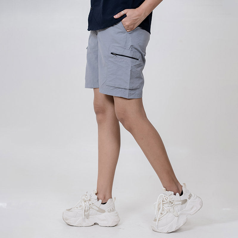 Clawear Women's Mara Cargo Shorts in gray, featuring multiple pockets and a relaxed fit, ideal for casual wear.