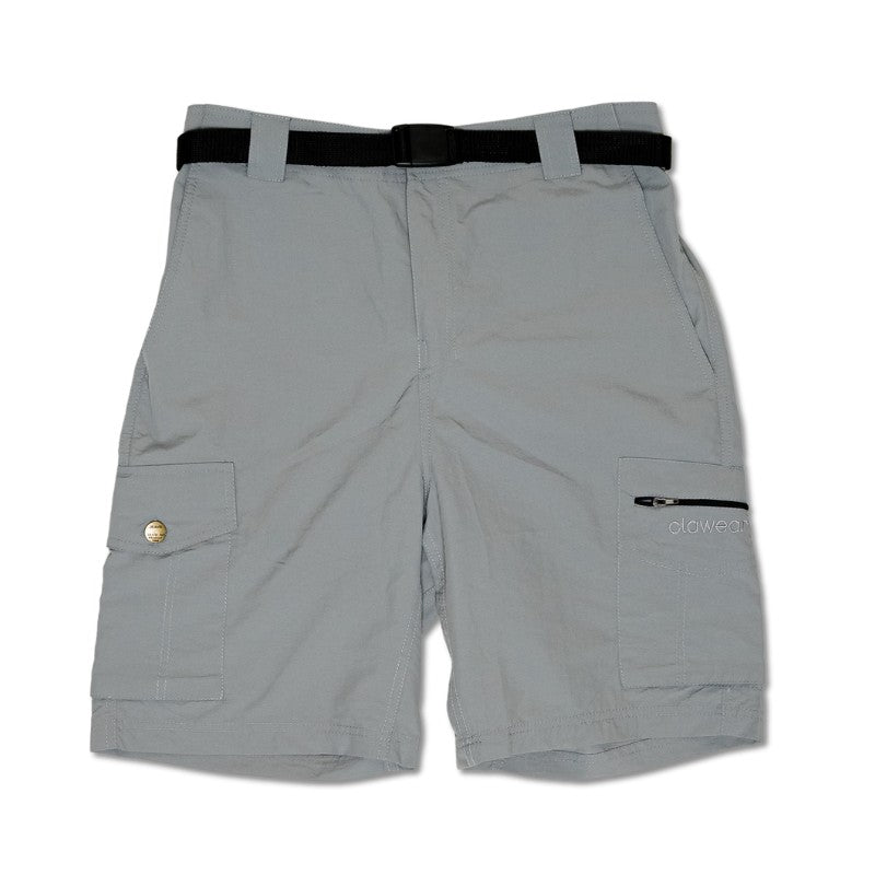 Clawear Women's Mara Cargo Shorts in gray fabric, featuring multiple pockets and a relaxed fit for casual wear.