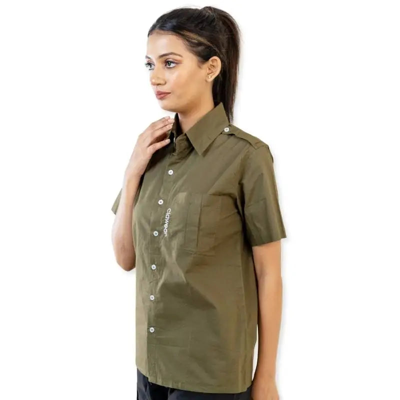 Clawear Women's Ranthambore half sleeve shirt in green, casual button-up style, featuring a collar and front pocket.