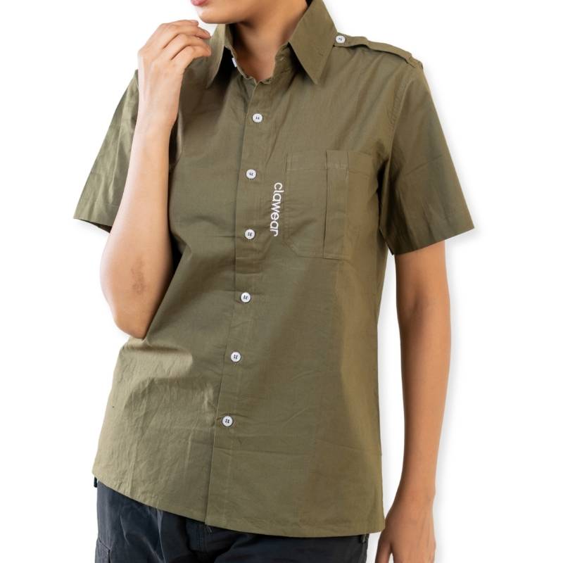 Green Clawear Women's Ranthambore half sleeve shirt with a tailored fit and casual style, displayed on a hanger.