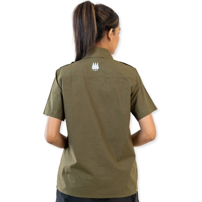 Clawear Women's Ranthambore half sleeve shirt in green, casual cotton shirt with a collar and button front, displayed on a hanger.