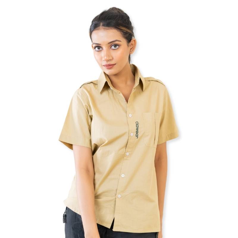 Clawear Women's Ranthambore half sleeve shirt with a floral print and button-up front, casual fit, in natural fabric.
