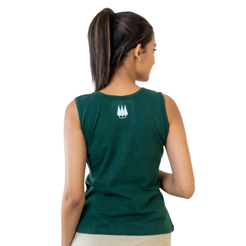 Green Clawear Tadoba Tank Top, women's casual T-shirt with a relaxed fit and sleeveless design, styled for everyday wear.