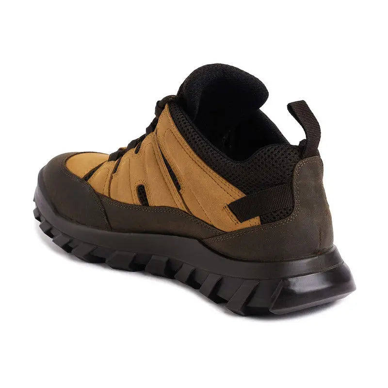 Ergon men's outdoor water-resistant leather shoes in brown with sturdy soles and reinforced toe detail.