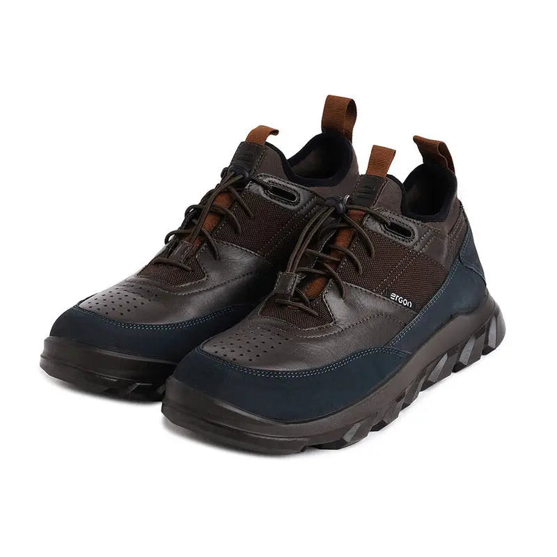 Ergon men's water-resistant leather outdoor shoes with sturdy soles and classic brown finish, suitable for hiking and casual wear.
