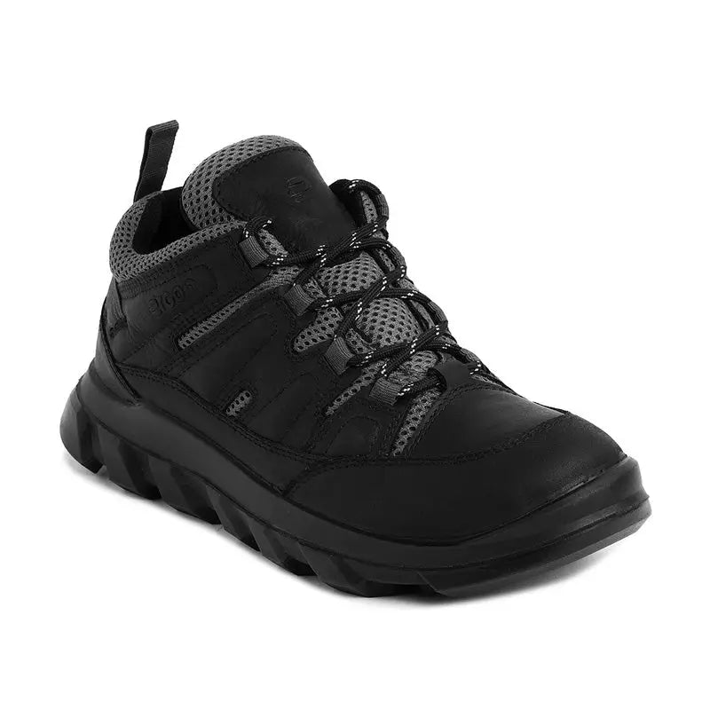Black Ergon men's outdoor water-resistant leather shoes with sturdy soles and lace-up design, suitable for rugged outdoor activities.