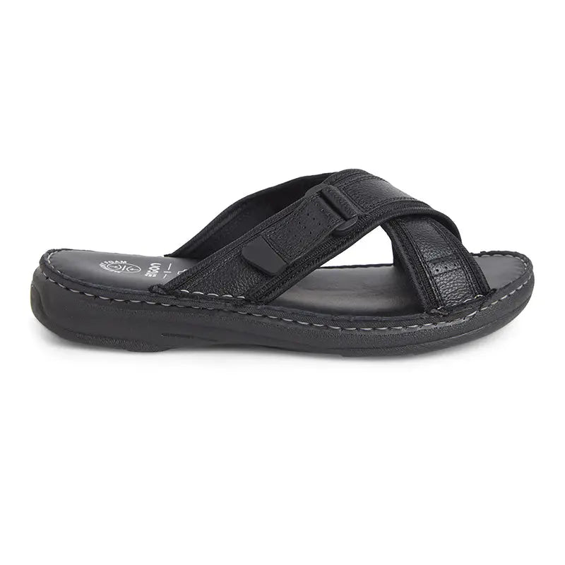 Black Ergon men's spring field outdoor leather slipper, showing the casual slip-on design and textured outdoor sole.