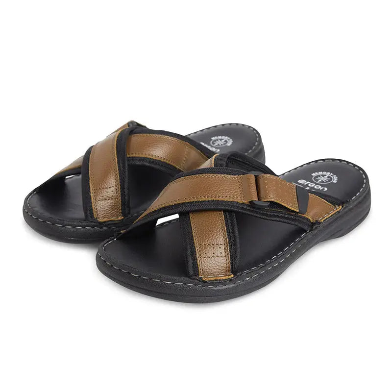 Ergon men's spring field outdoor leather slipper showing brown leather upper and comfortable slip-on design.