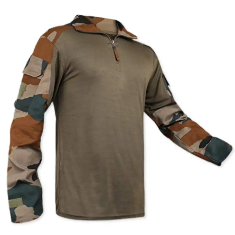 Indian Sports Gear men's army dry fit tactical full sleeves T-shirt, black with camouflage accents, designed for active wear and outdoor activities.