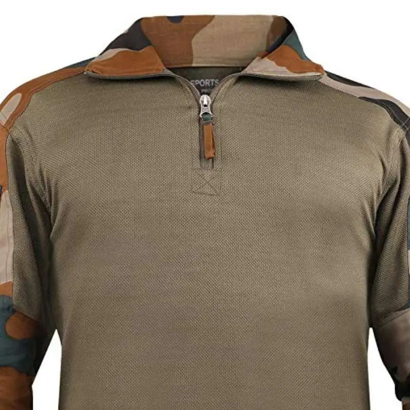 Indian Sports Gear men's army dry fit tactical full sleeves T-shirt, black with camouflage accents, designed for sports and outdoor activities.