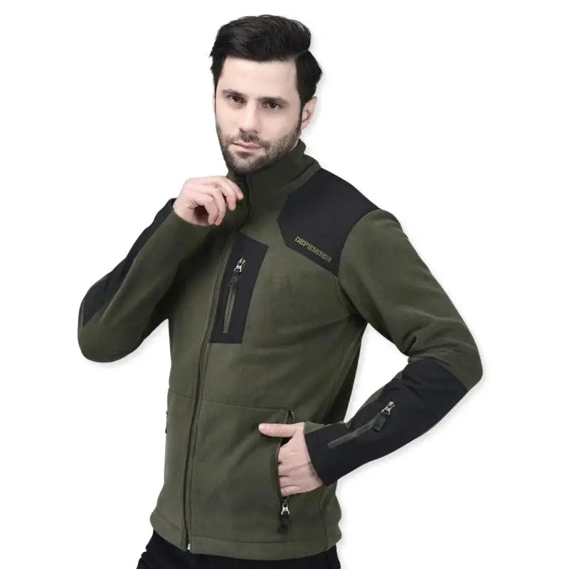 Indian Sports Gear men's defender fleece winter jacket in black with olive green accents, designed for warmth and outdoor wear.