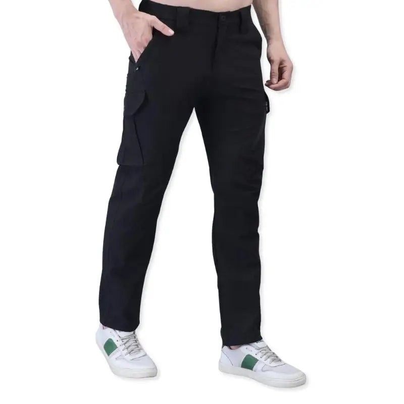 Black men's nylon lycra stretchable cargo pants by Indian Sports Gear, featuring multiple pockets and a comfortable fit.