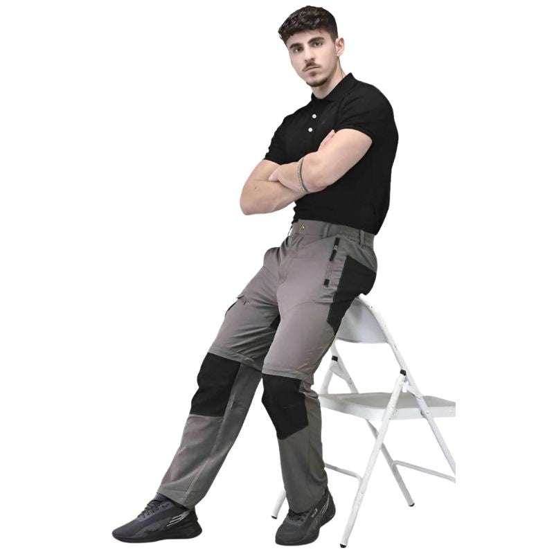 Indian Sports Gear men's Voyager cargo pants in gray and black with detachable features, ideal for active outdoor wear.