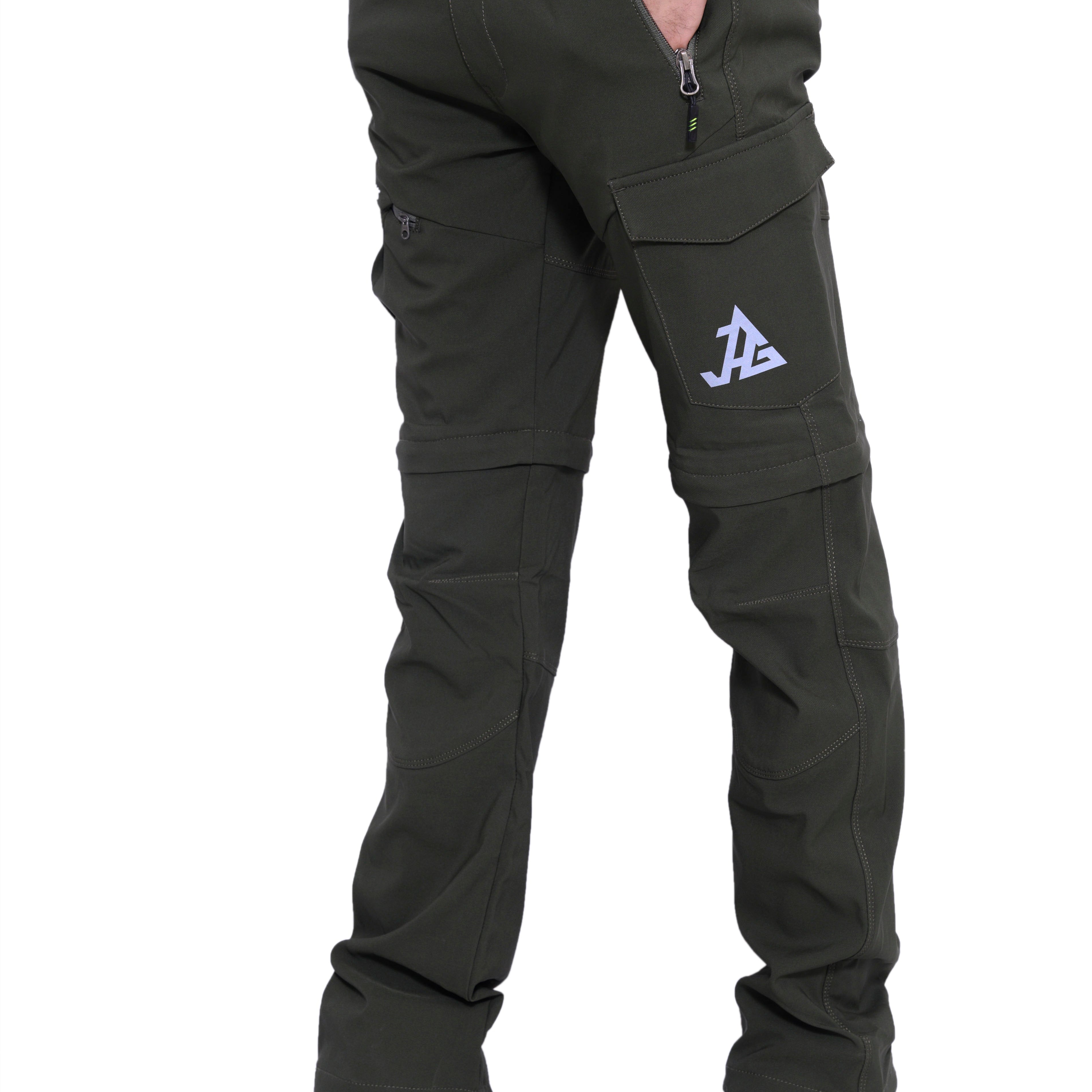 JAG Men's Discovery Series convertible trekking and hiking pants in gray with multiple cargo pockets and adjustable ankle zippers