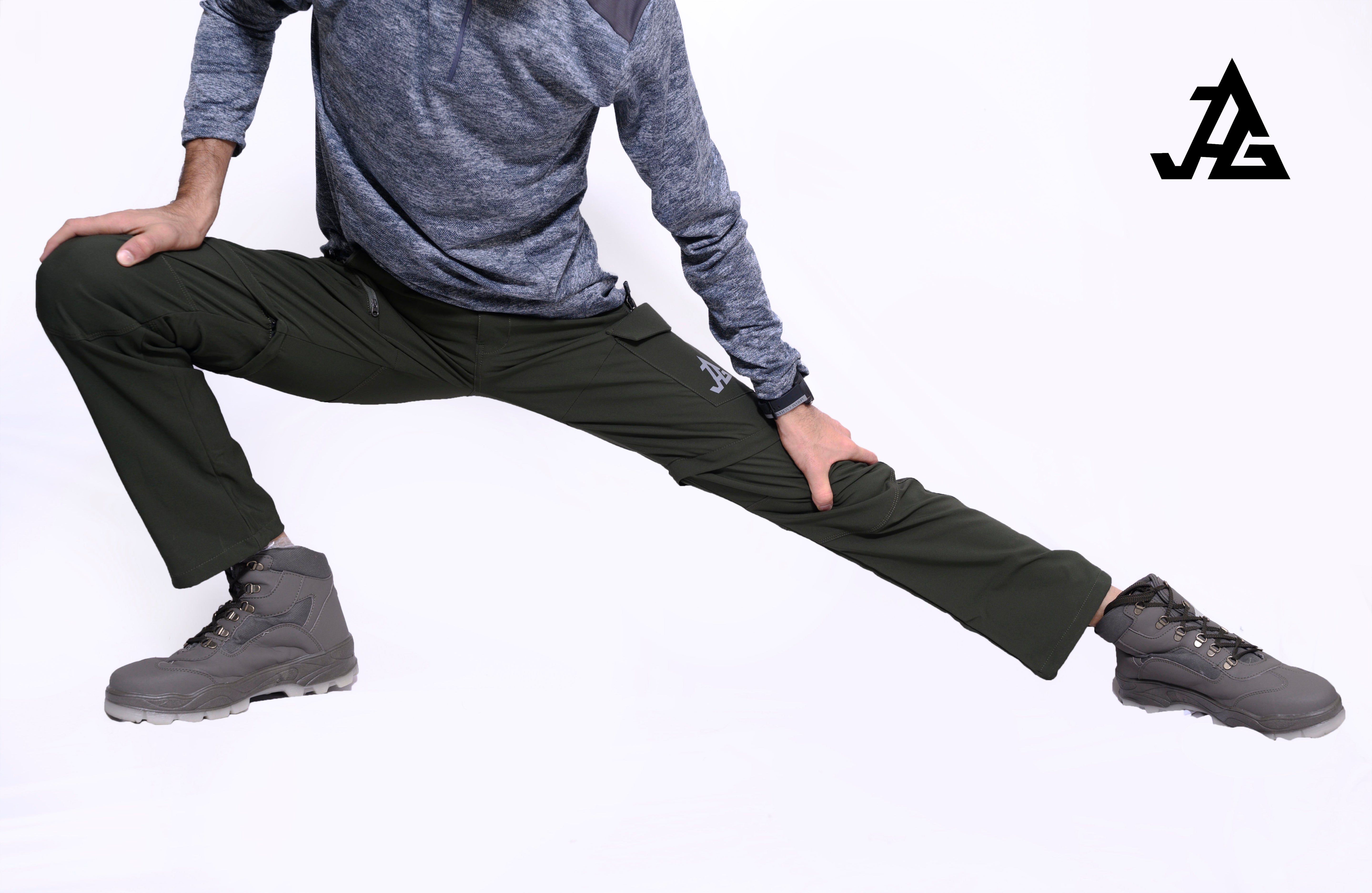 JAG Men's Discovery Series convertible cargo pants with zip-off legs, multiple pockets, and durable fabric for hiking and travel adventures.