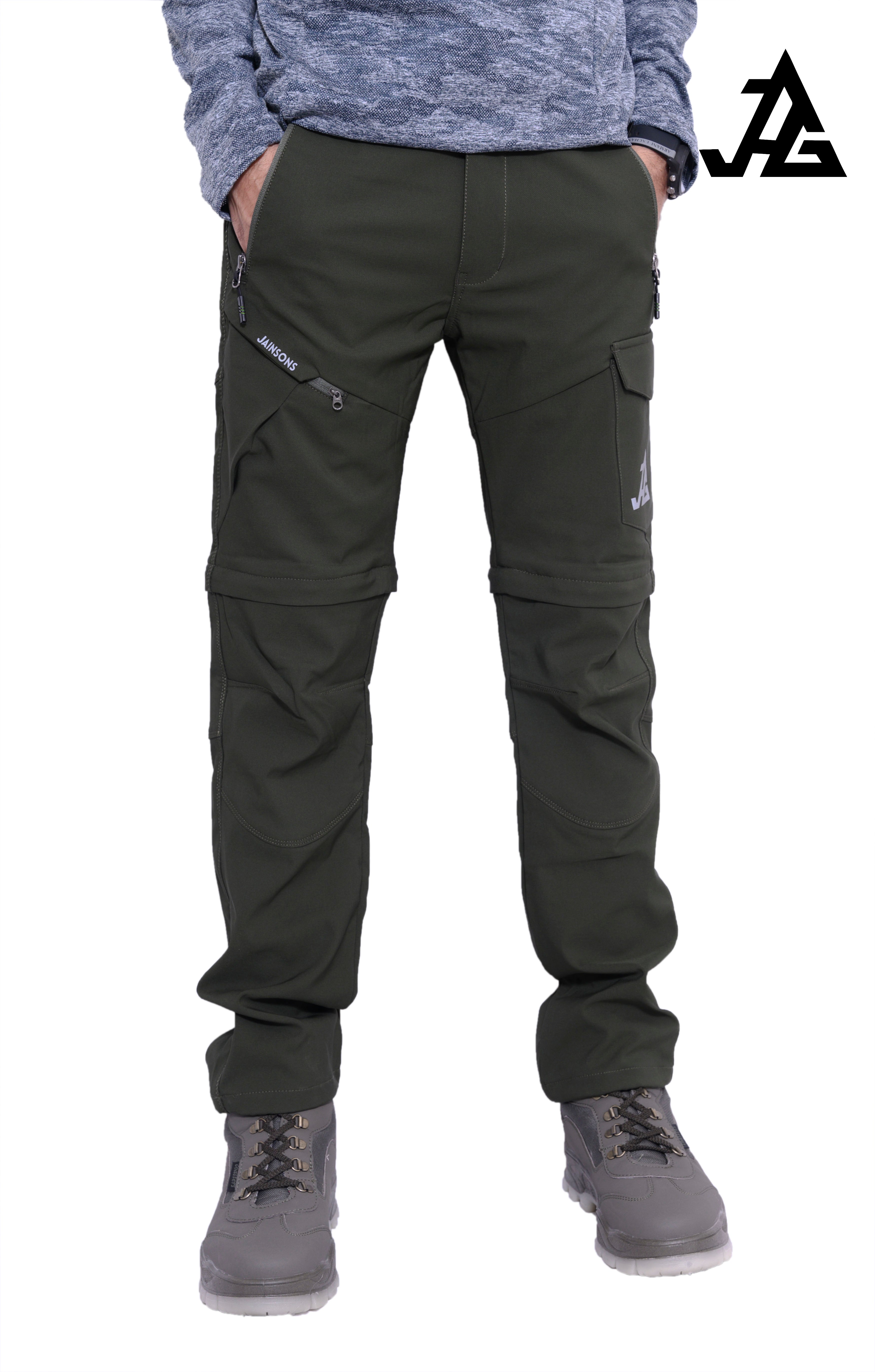 JAG men's Discovery Series convertible trekking and hiking cargo pants, shown in dark color with multiple pockets and adjustable waistband.