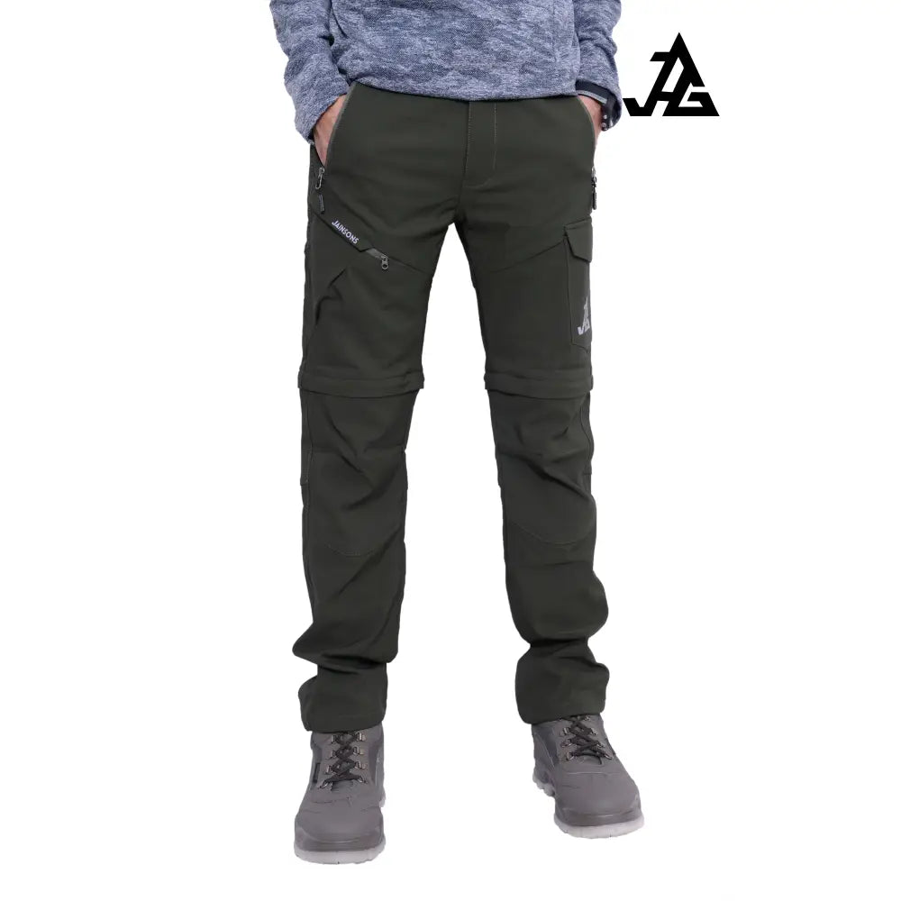 JAG men's Discovery Series convertible trekking and hiking cargo pants, shown in dark color with multiple pockets and adjustable waistband.