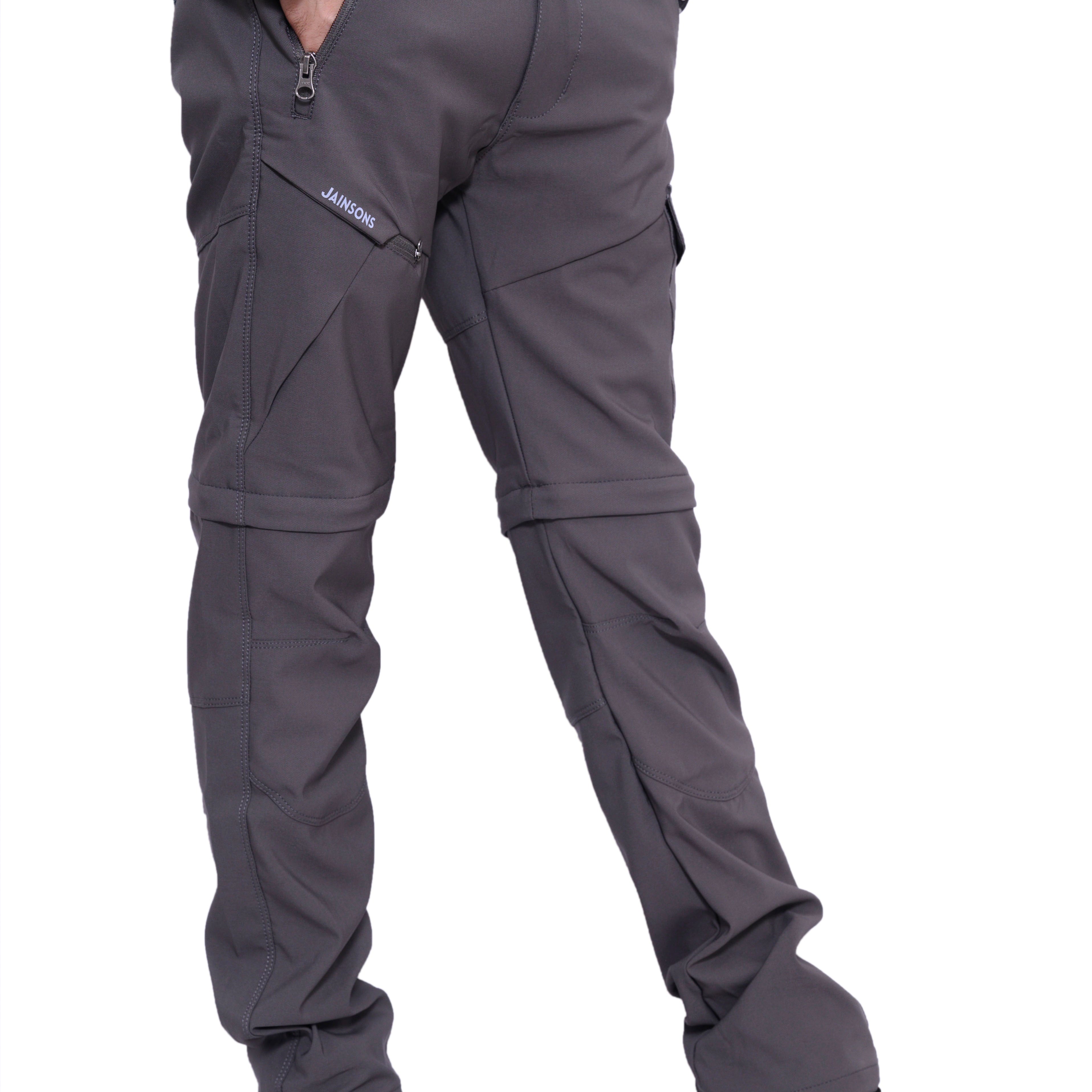 Gray JAG Men's Discovery Series convertible cargo pants with multiple pockets and adjustable waistband for hiking and travel.