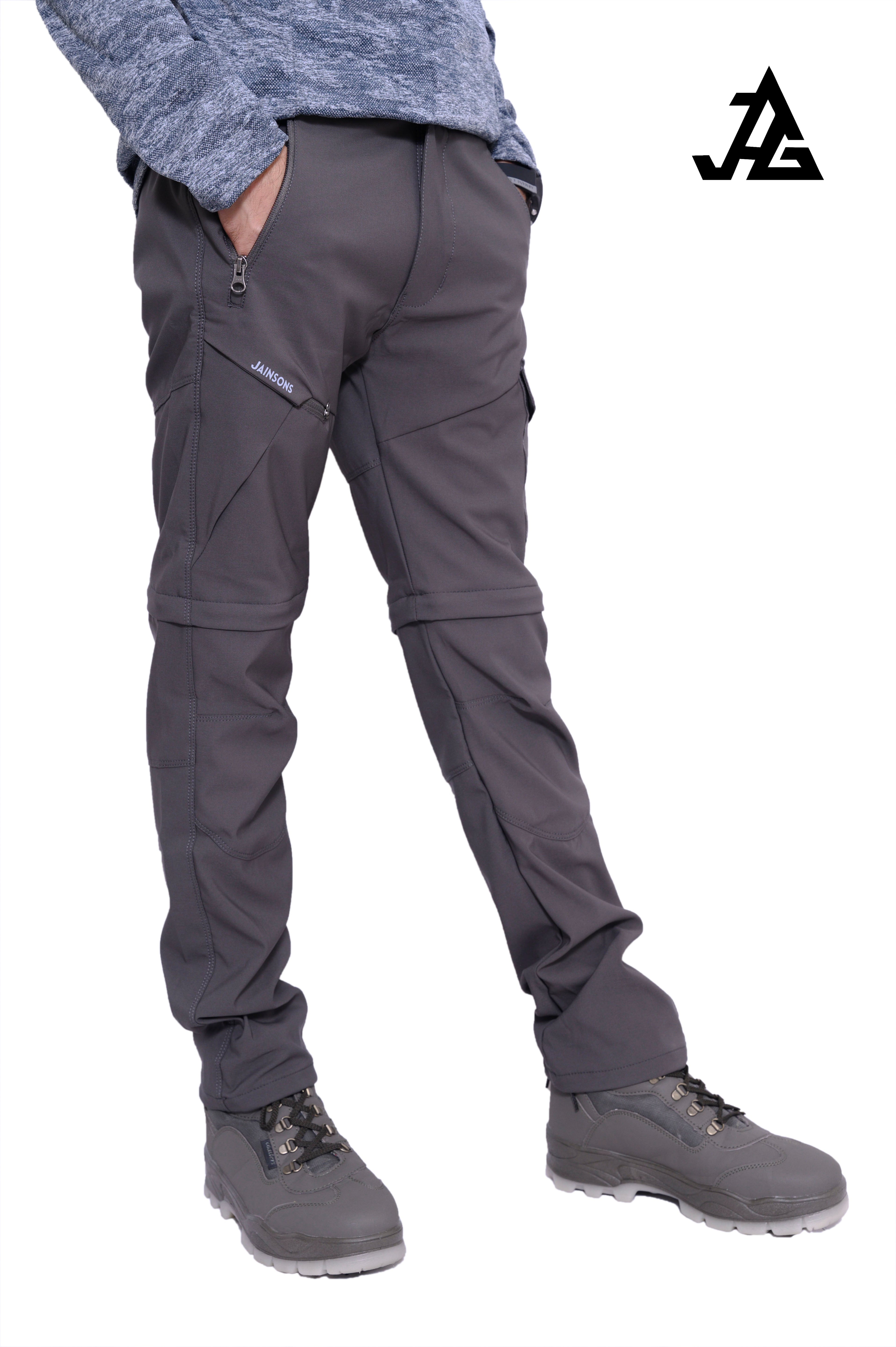 Gray JAG Men's Discovery Series convertible cargo pants with multiple pockets and adjustable waistband for hiking and travel.