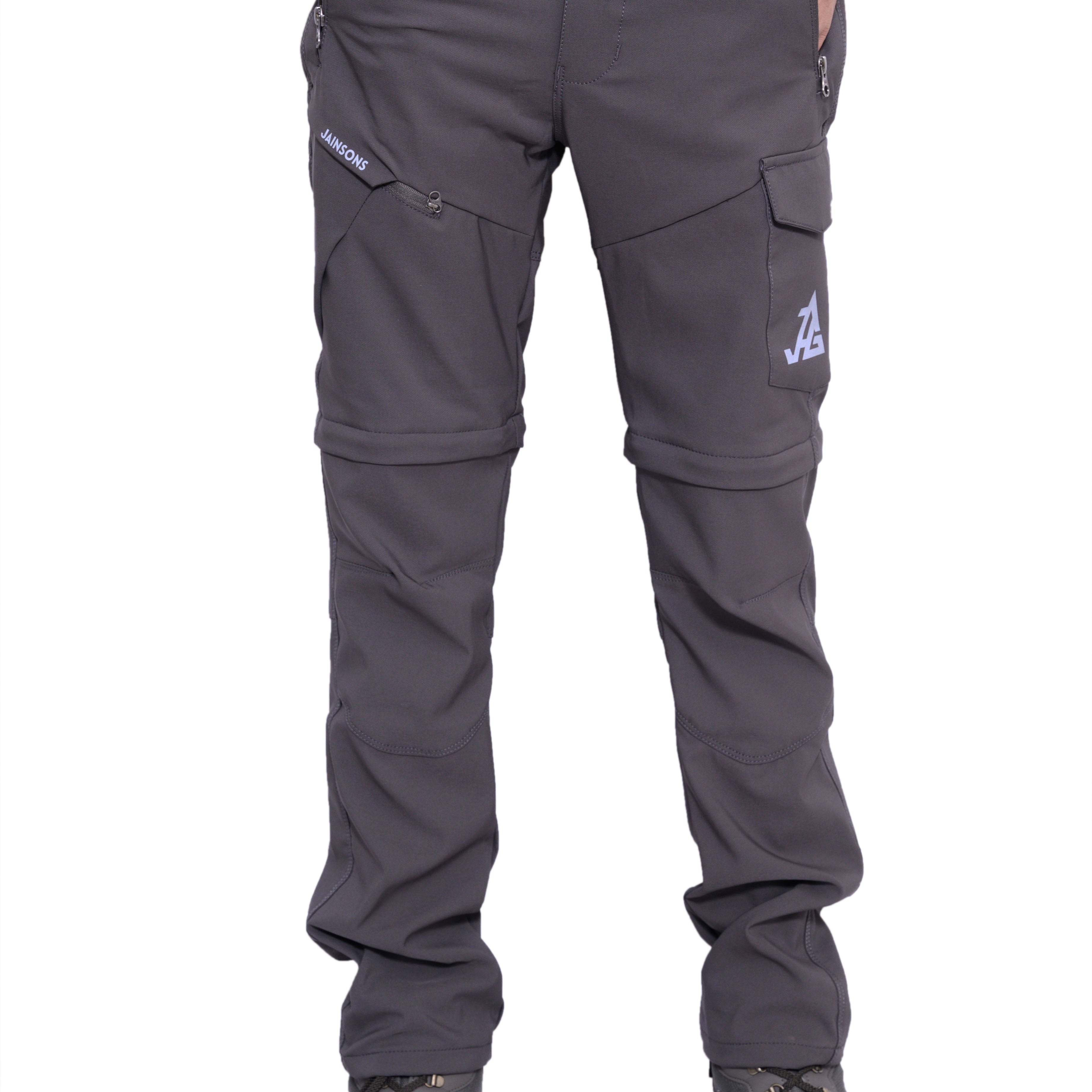JAG men's Discovery Series convertible trekking and hiking cargo pants in gray, with zip-off legs for travel and outdoor adventures.