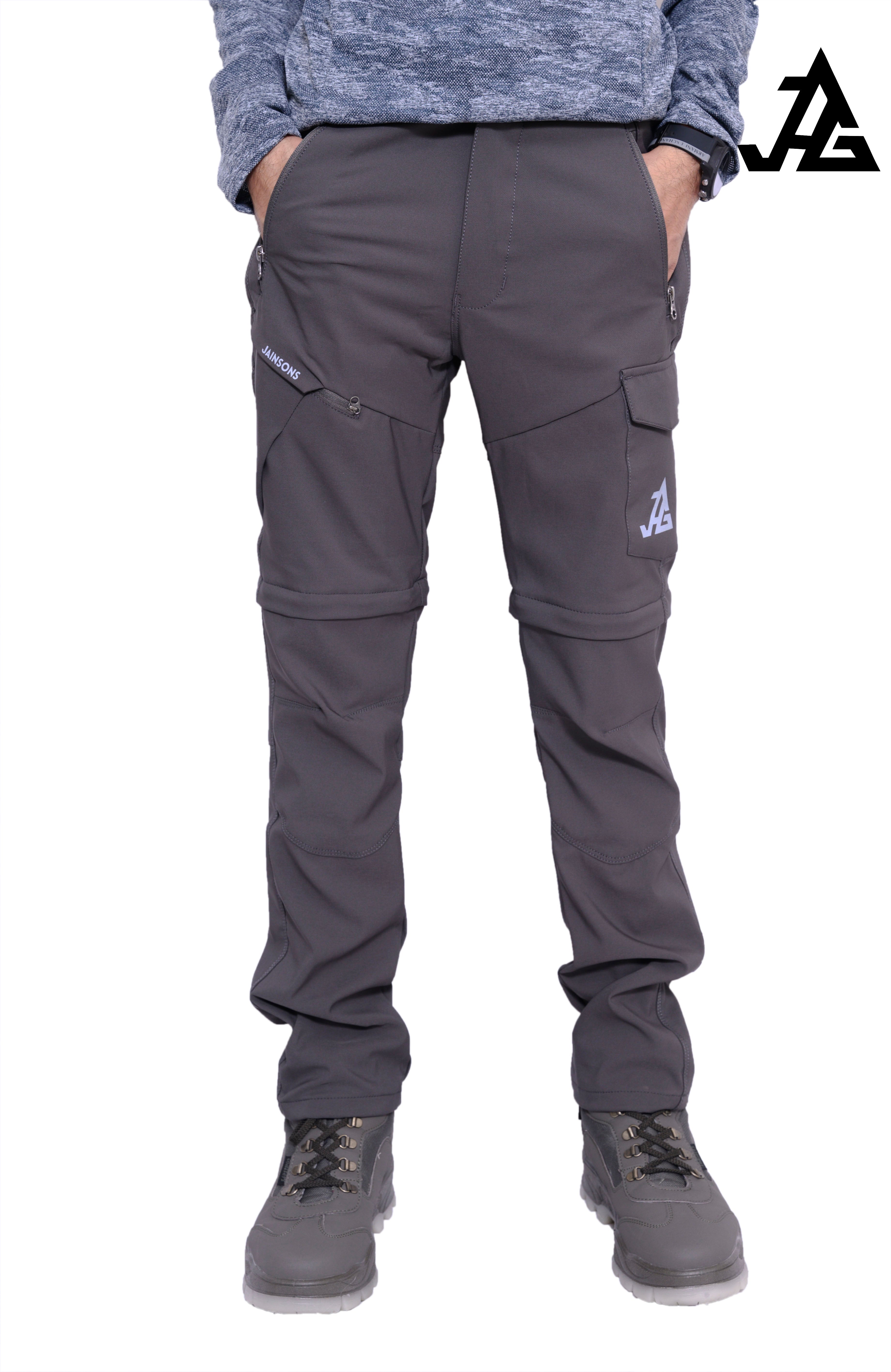 JAG men's Discovery Series convertible trekking and hiking cargo pants in gray, with zip-off legs for travel and outdoor adventures.