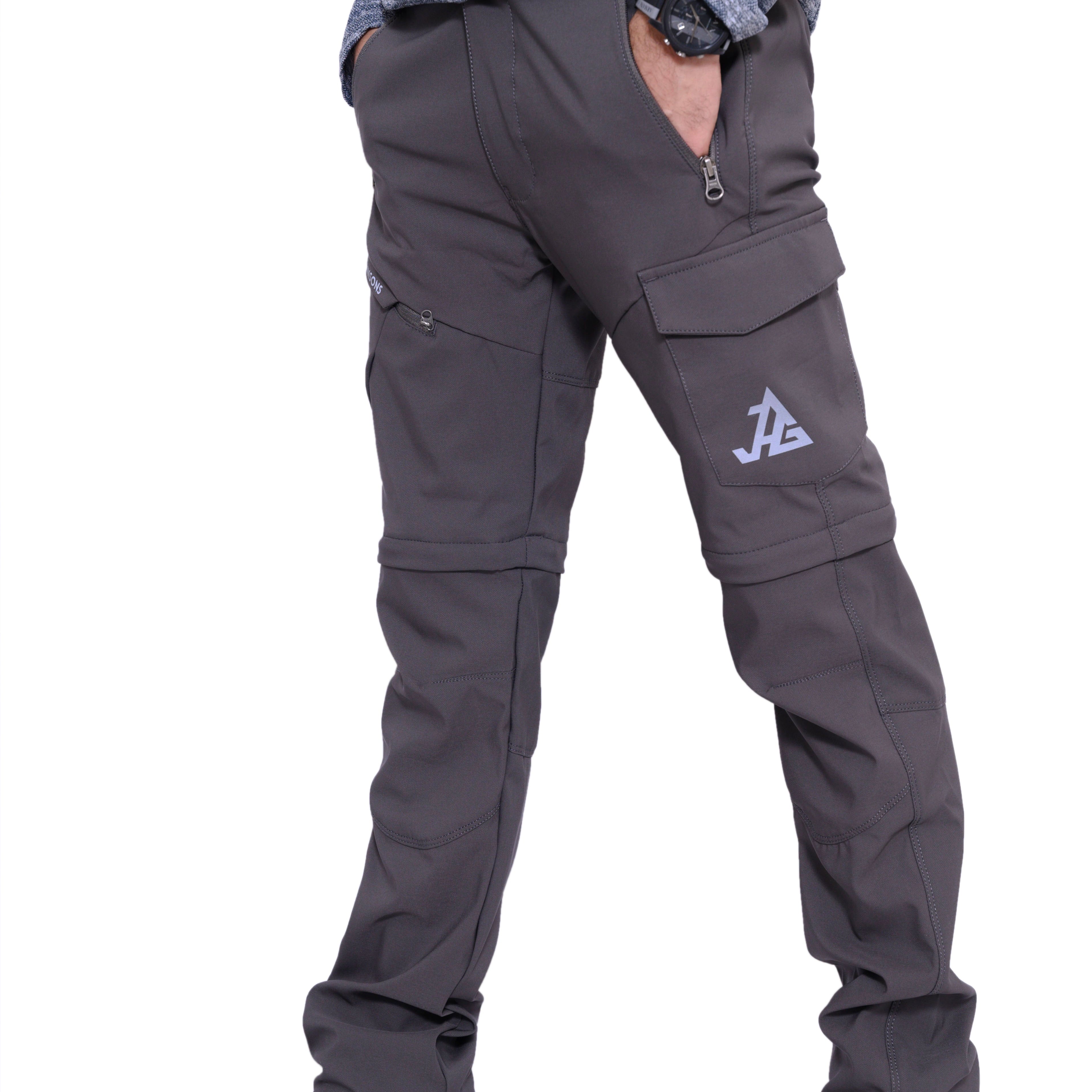 Men's gray JAG Discovery Series convertible hiking and travel pants with cargo pockets and adjustable features.