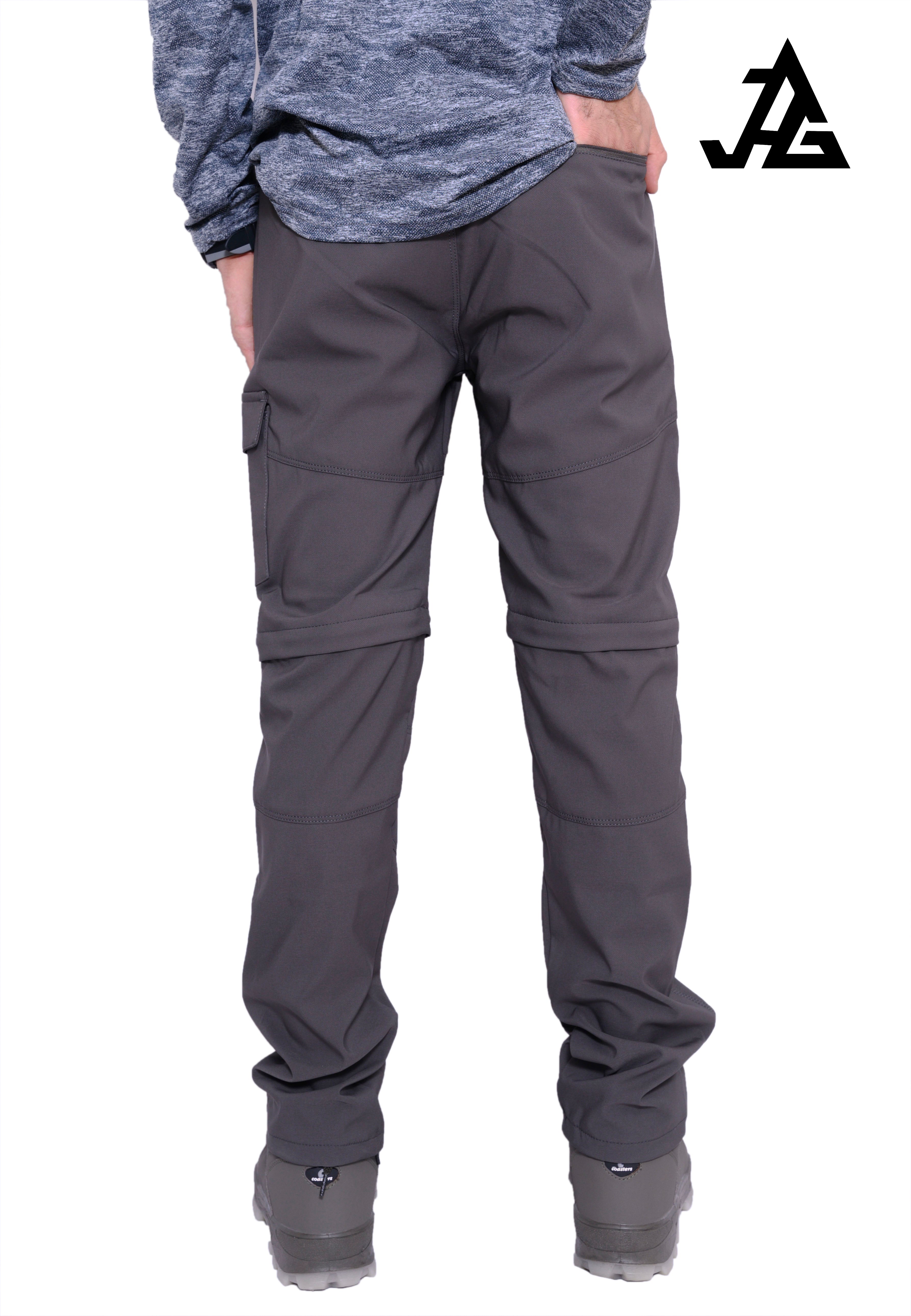 JAG men's Discovery Series convertible trekking and hiking pants in gray, showing multiple pockets and adjustable features.