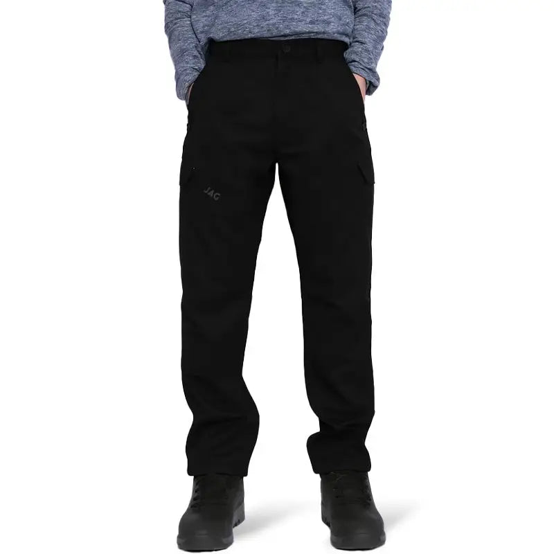 JAG men's snow-proof Mt. Kailash trekking pants in black and gray with multiple pockets, designed for hiking and outdoor activities.