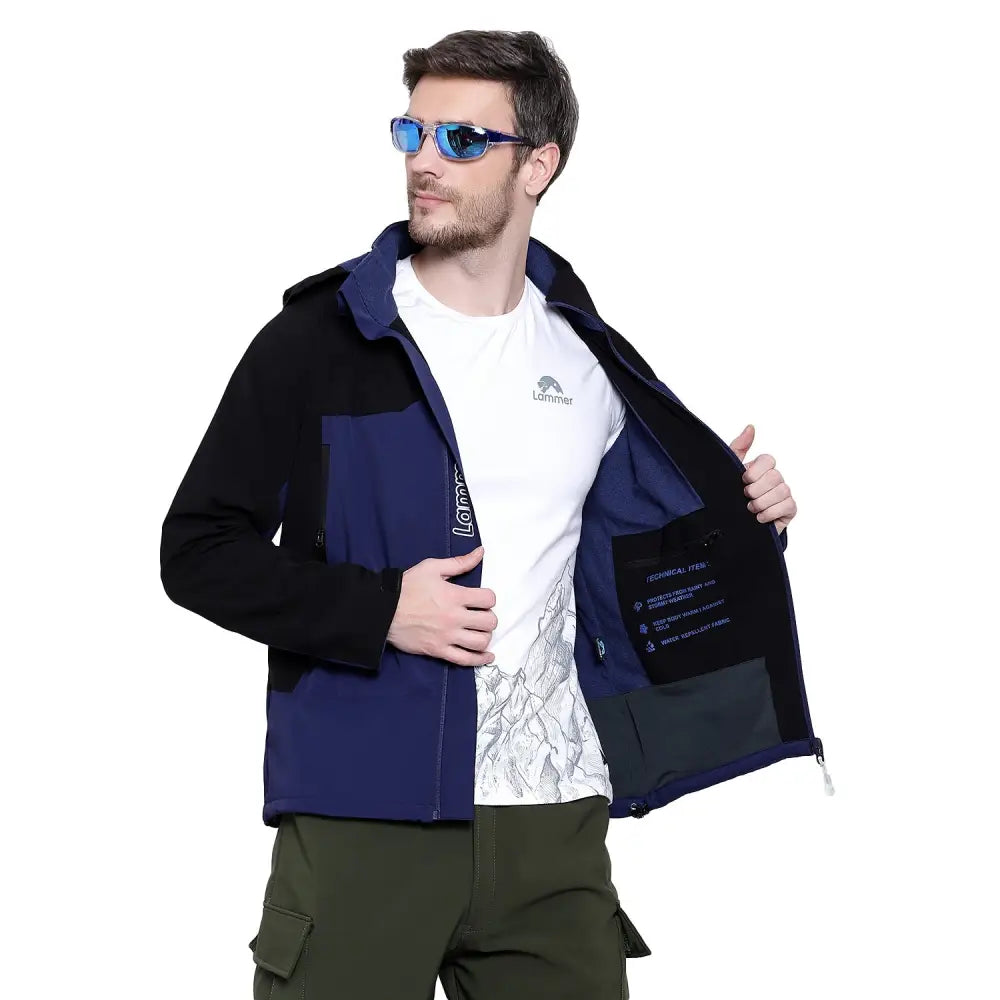 Lammer men's soft shell fleece hood jacket in black with blue accents, featuring a front zipper and adjustable hood.
