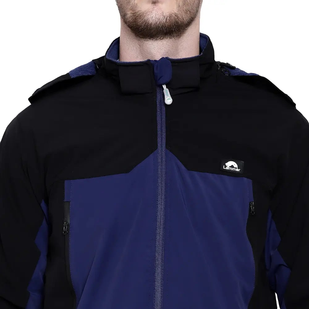 Lammer men's soft shell fleece hood jacket in black with blue accents, featuring a zip-up front and adjustable hood.