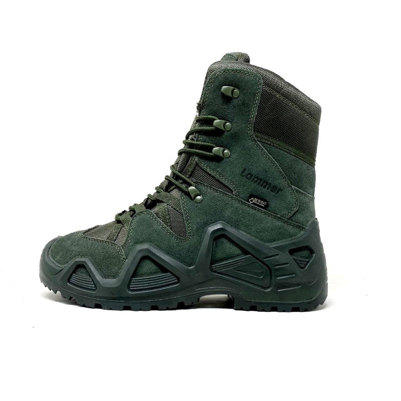 Lammer Men's Tactical-4 High Ankle Shoes in dark green, featuring durable design and rugged soles for outdoor or tactical use.