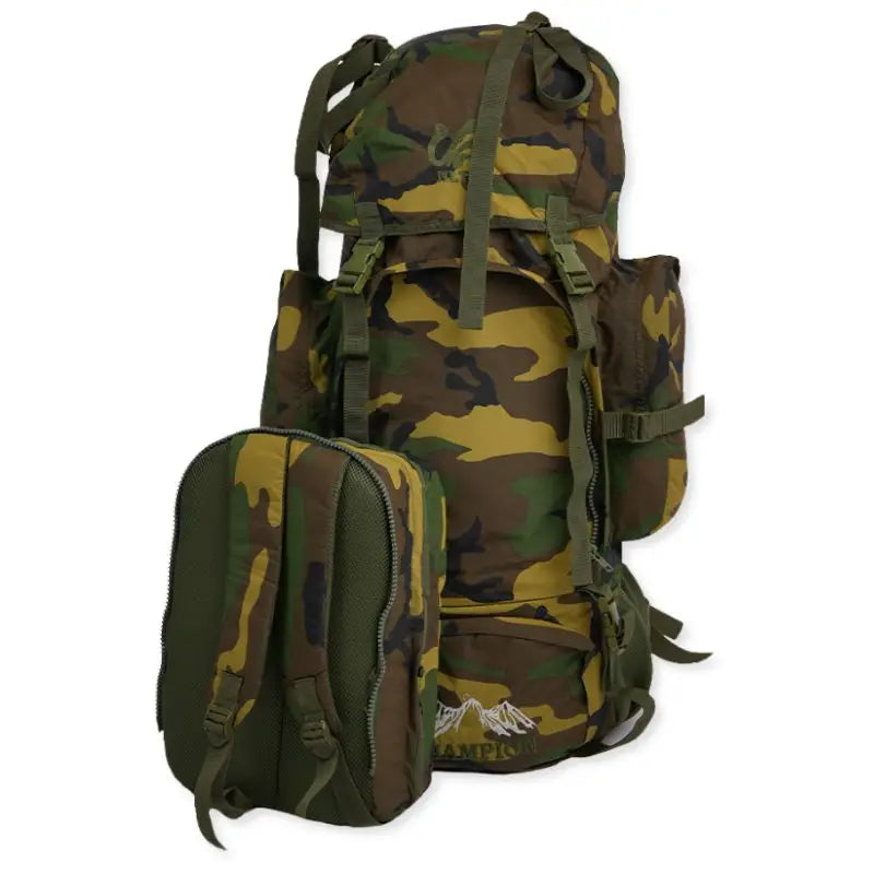 NLTW Adventure Camo Rucksack 95L outdoor backpack with heavy-duty straps and multiple compartments for camping and hiking.