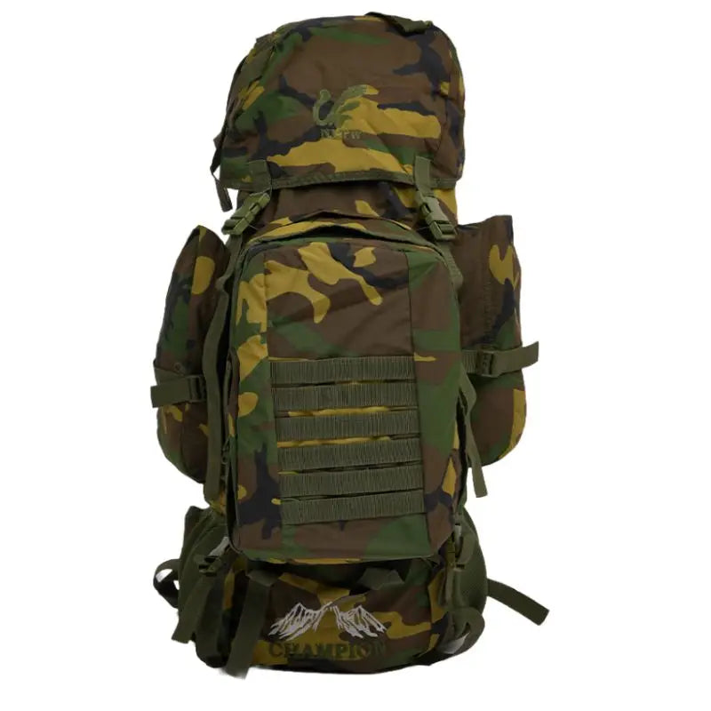 NLTW Adventure Camo Backpack 95L heavy-duty outdoor rucksack with multiple compartments and adjustable straps for camping and hiking.