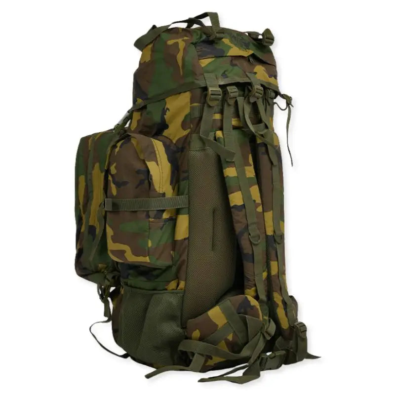 NLTW Adventure Camo Backpack 95L heavy-duty outdoor rucksack with multiple compartments and padded straps for camping and hiking.