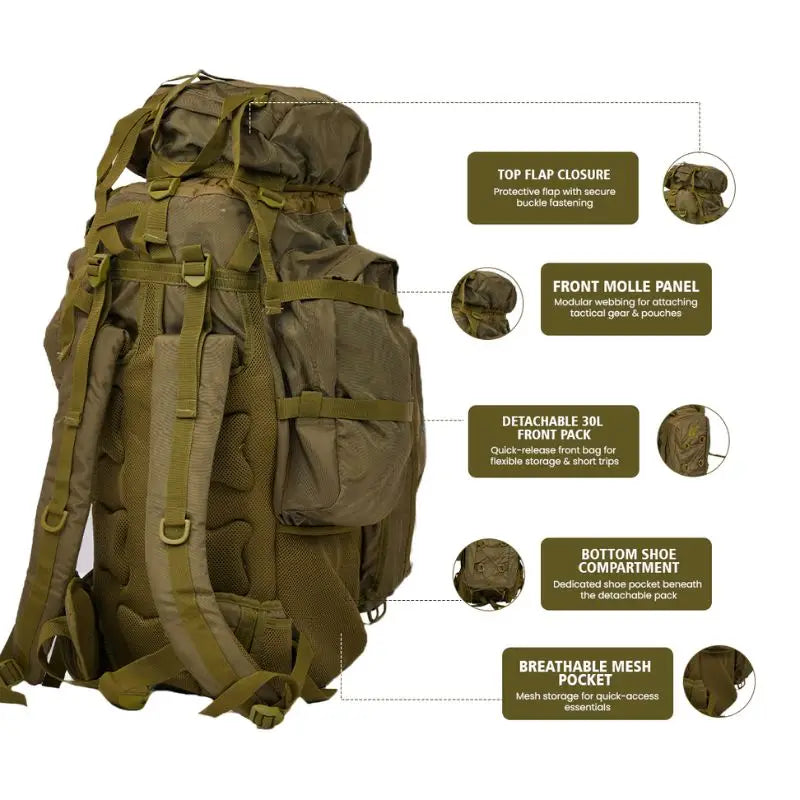 Green NLTW Adventure Travel 95L rucksack with multiple compartments, heavy-duty design, and adjustable straps for outdoor travel.