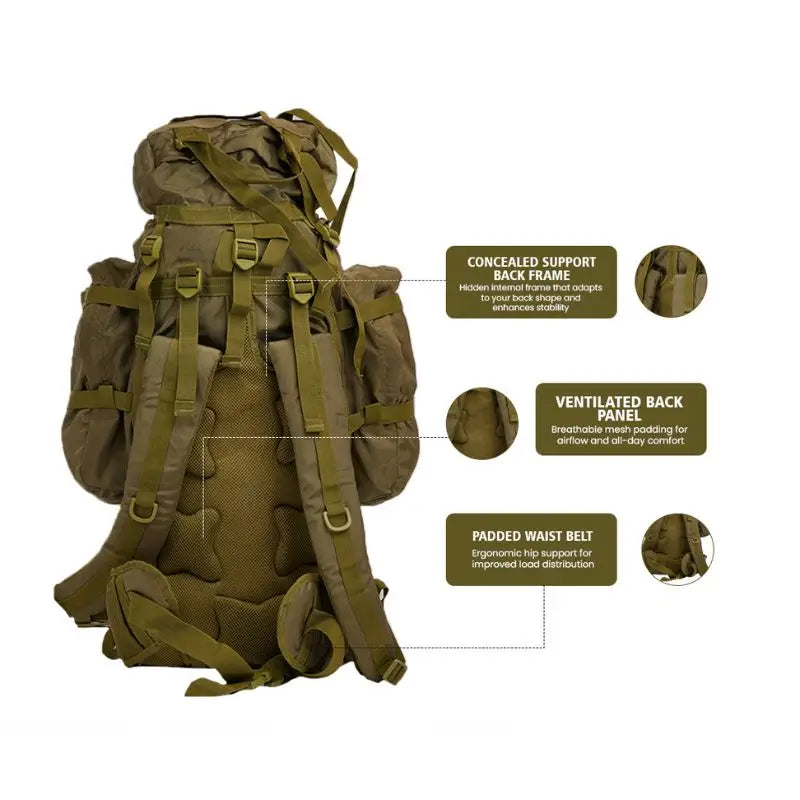 Green NLTW Adventure Travel 95L rucksack with multiple compartments and heavy-duty construction, ideal for outdoor adventures.