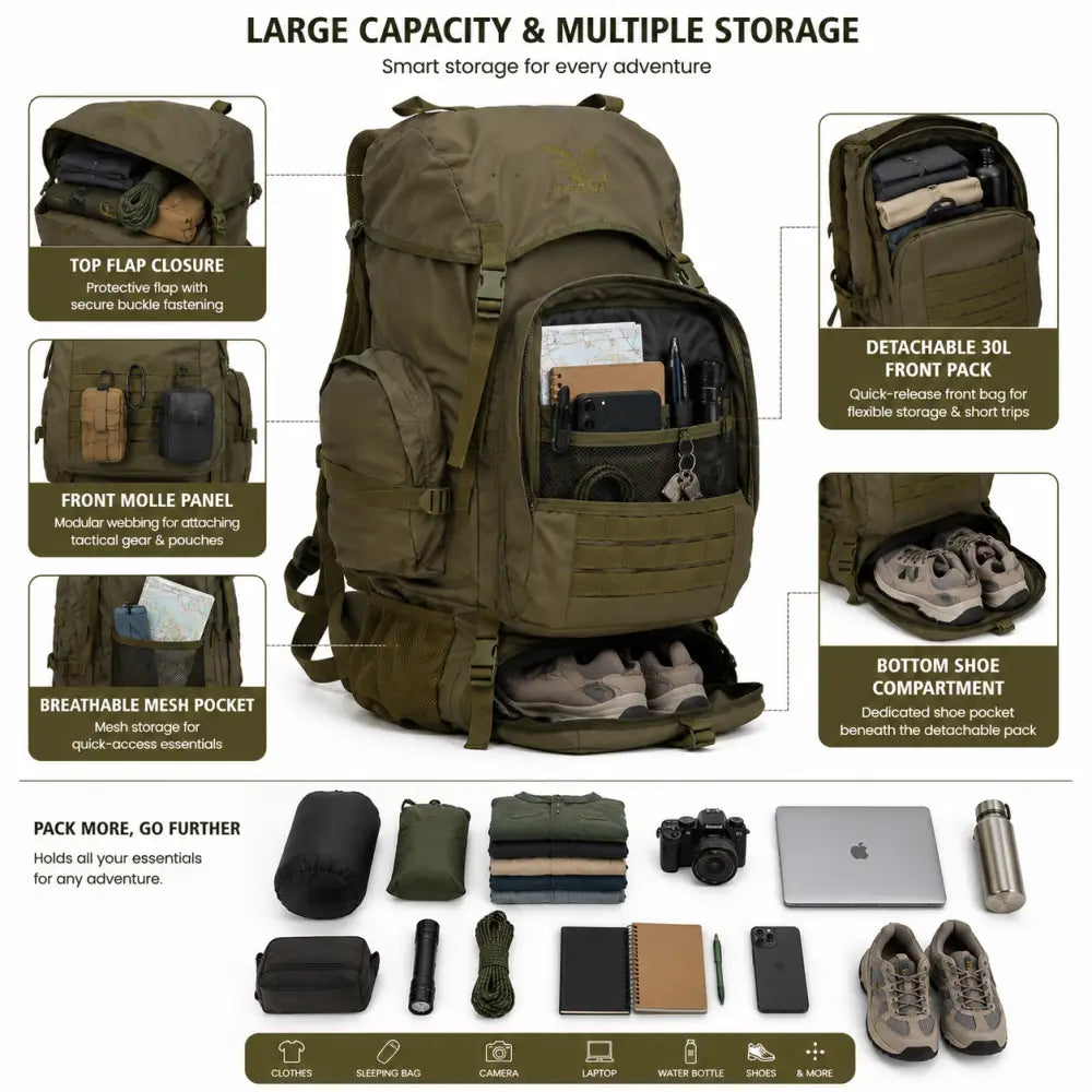 NLTW Compact Expedition 95 Lites Backpack Military-Style Outdoor Rucksack with External Utility Pockets - Olive Green