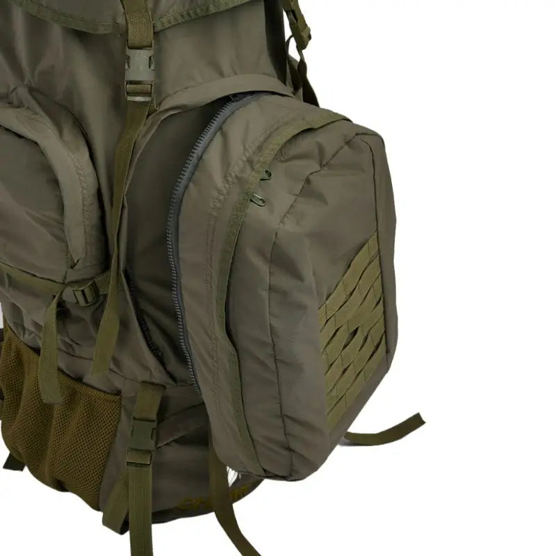 NLTW Compact Expedition 95 Lites backpack with military style, outdoor rucksack featuring external utility pockets in olive green.
