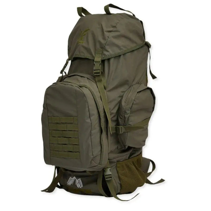 NLTW Compact Expedition 95L military-style outdoor rucksack with external utility pockets in olive green, durable and spacious.