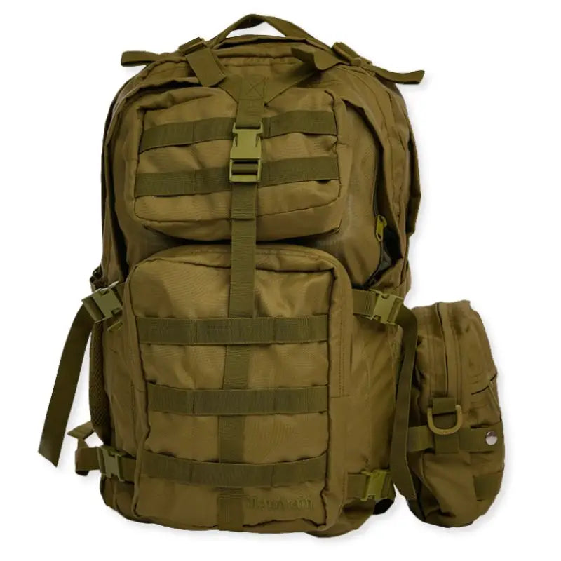 NLTW Expedition Tactical 55L heavy-duty outdoor backpack with multiple compartments and sturdy straps, designed for outdoor adventures.