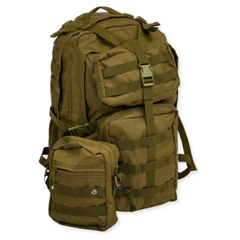 NLTW Expedition Tactical 55L heavy-duty outdoor backpack with multiple compartments, designed for rugged outdoor adventures.