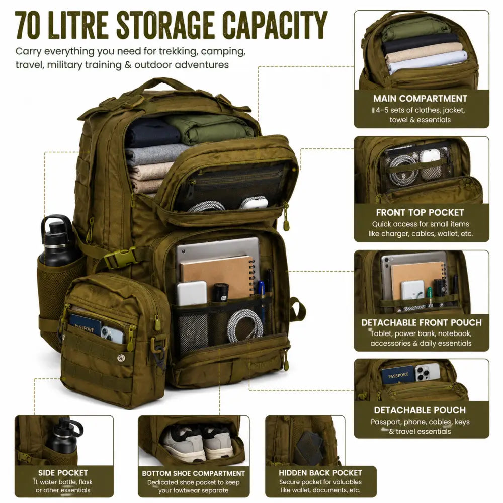 NLTW Expedition Tactical 55 Litres Rucksack Heavy-Duty Outdoor Backpack - Olive Green / 55 Litres - Backpack