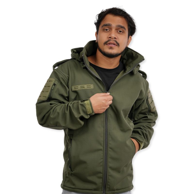Green NLTW men's combat tactical softshell jacket with windproof design, featuring a rugged, functional style and multiple pockets.