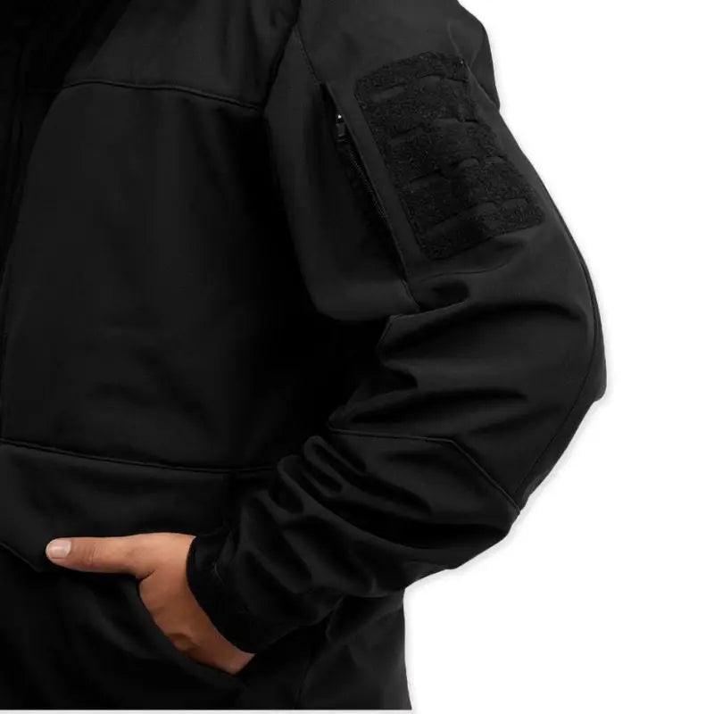 Black NLTW men's tactical hooded softshell winter jacket with windproof design, suitable for cold weather outdoor activities.